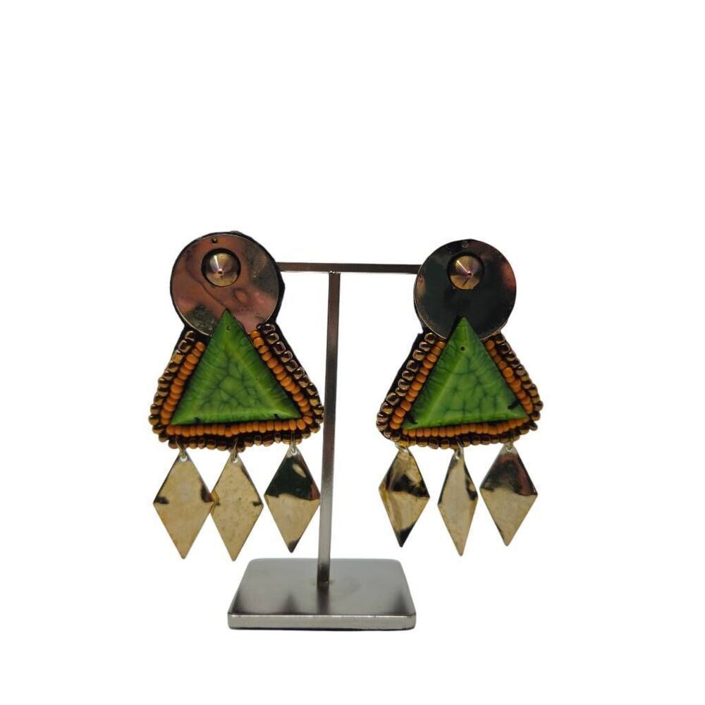 Vintage Geometric Dangle Clip On Earrings | Green Triangle with Silver & Orange